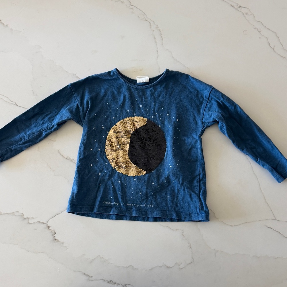 Zara Girls Flip Sequin Long Sleeve Shirt w/ Gold Crescent & Silver Full Moon